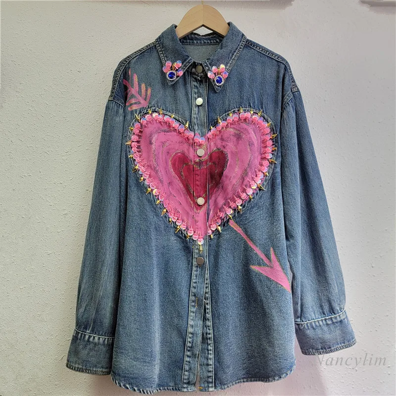 Europese Station Lente Denim Shirt Dames Nieuw Ontwerp Zware Industrie Diamant Kraal Liefde Revers Denim Jasje Losse Veelzijdige Shirts