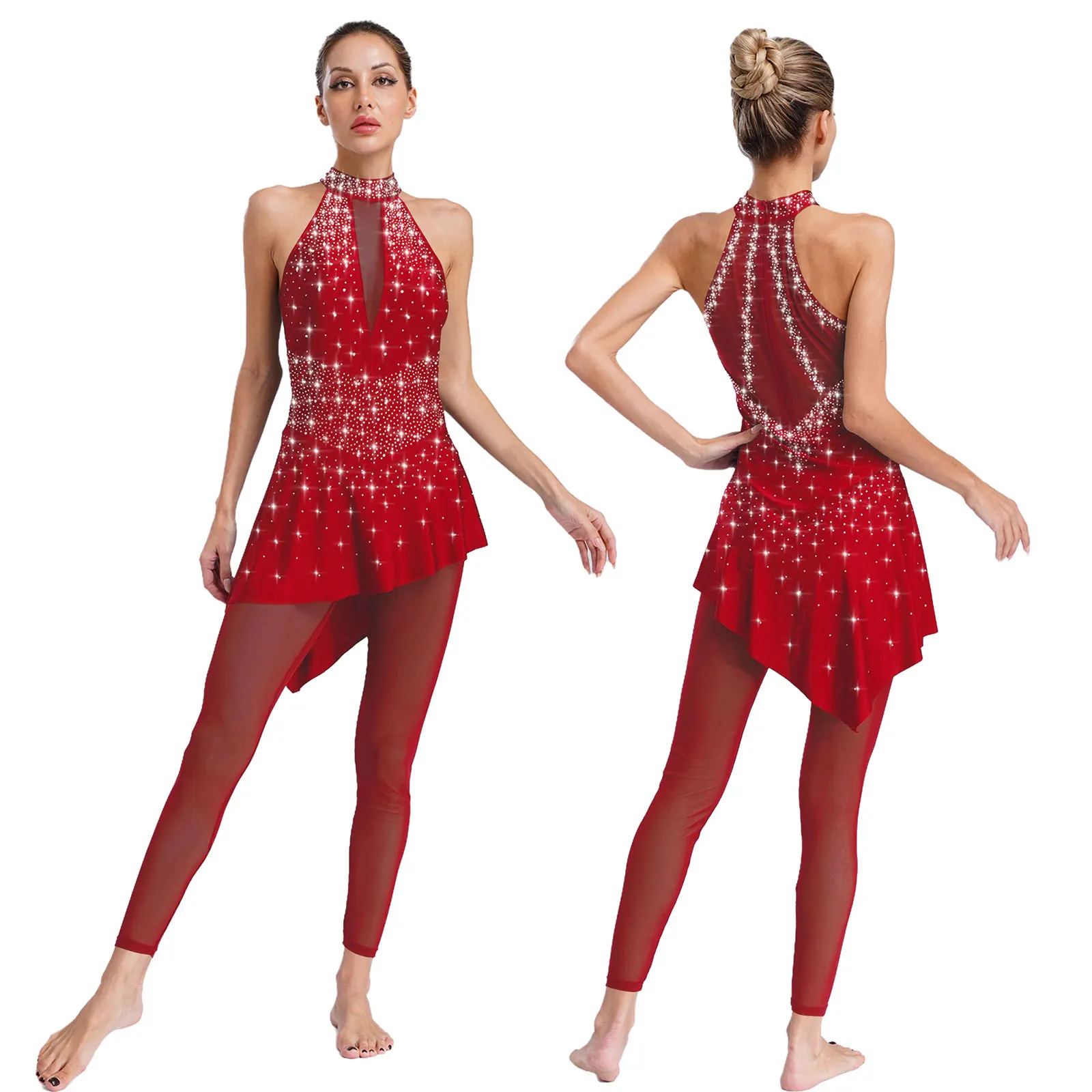 

Women Figure Ice Skating Dance Bodysuit Shiny Rhinestones Sleeveless Sheer Mesh Leotard for Ballet Dance Gymnastics Acrobatics