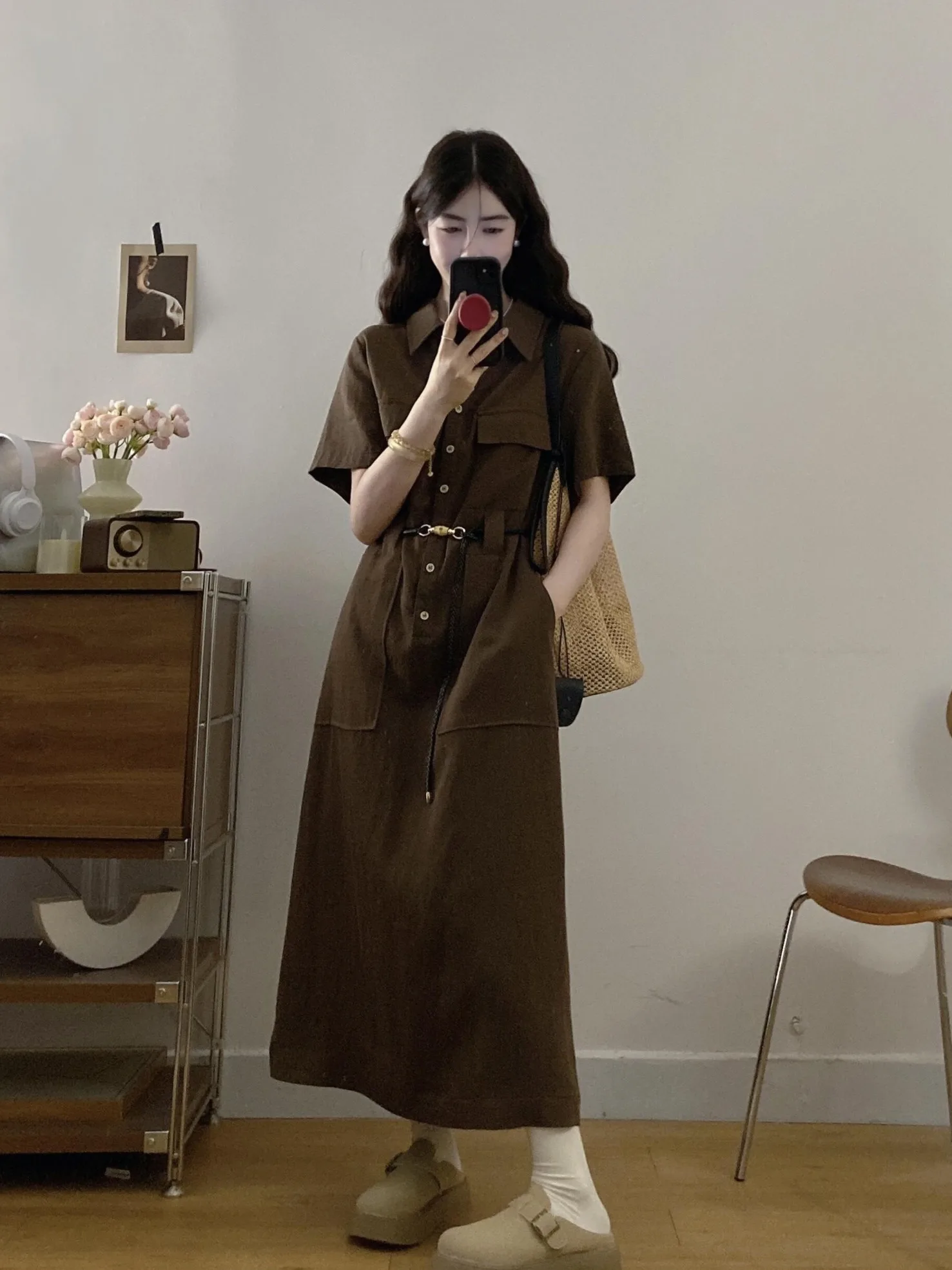 

plus Size Casual American Retro Workwear Short Sleeve Dress Women's Summer New Waist-Cinching Long Dress A-Line Skirt