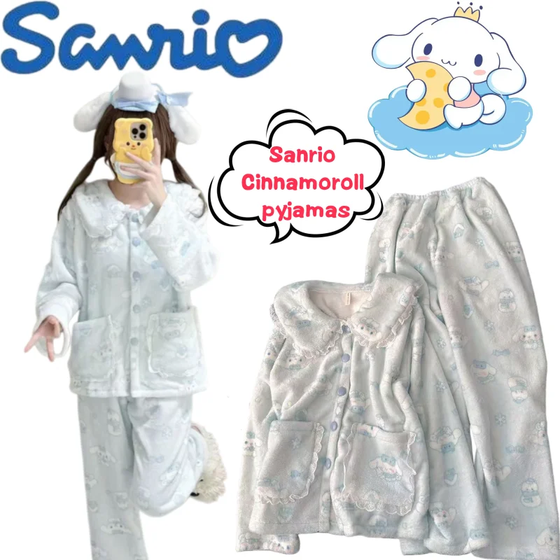 

Sanrio Cinnamoroll Pajamas Creative High-value Anime Cartoon Printed Autumn and Winter Fleece-lined Thickened Flannel Home Suit