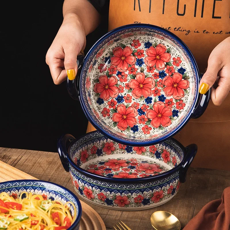 Polish Exotic Handle Bowls Ceramic Plate Double-eared Rectangular Baking Pan Soup Bowl with Handle Kitchen Decoration Tableware