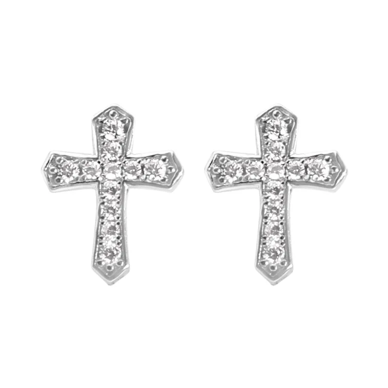 925 Silver Needle Rhinestone Cross Stud Earrings for Women Men New Design Sense Cross Without Ear Hole Ear Clip Party Jewelry