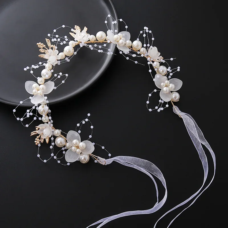 Bride headband pearl flower headband children's flower wreath super fairy princess hair accessory headband headband ribbon