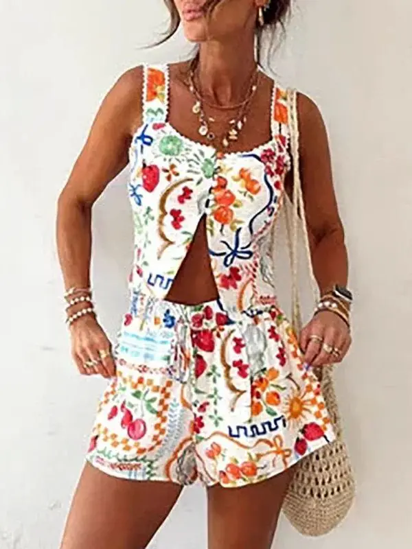 

Loose Strap Cardigan Printed orts Set Women's Spring Faion Casual Wear Polyester Material Two-Piece Suit XJGOOD Brand
