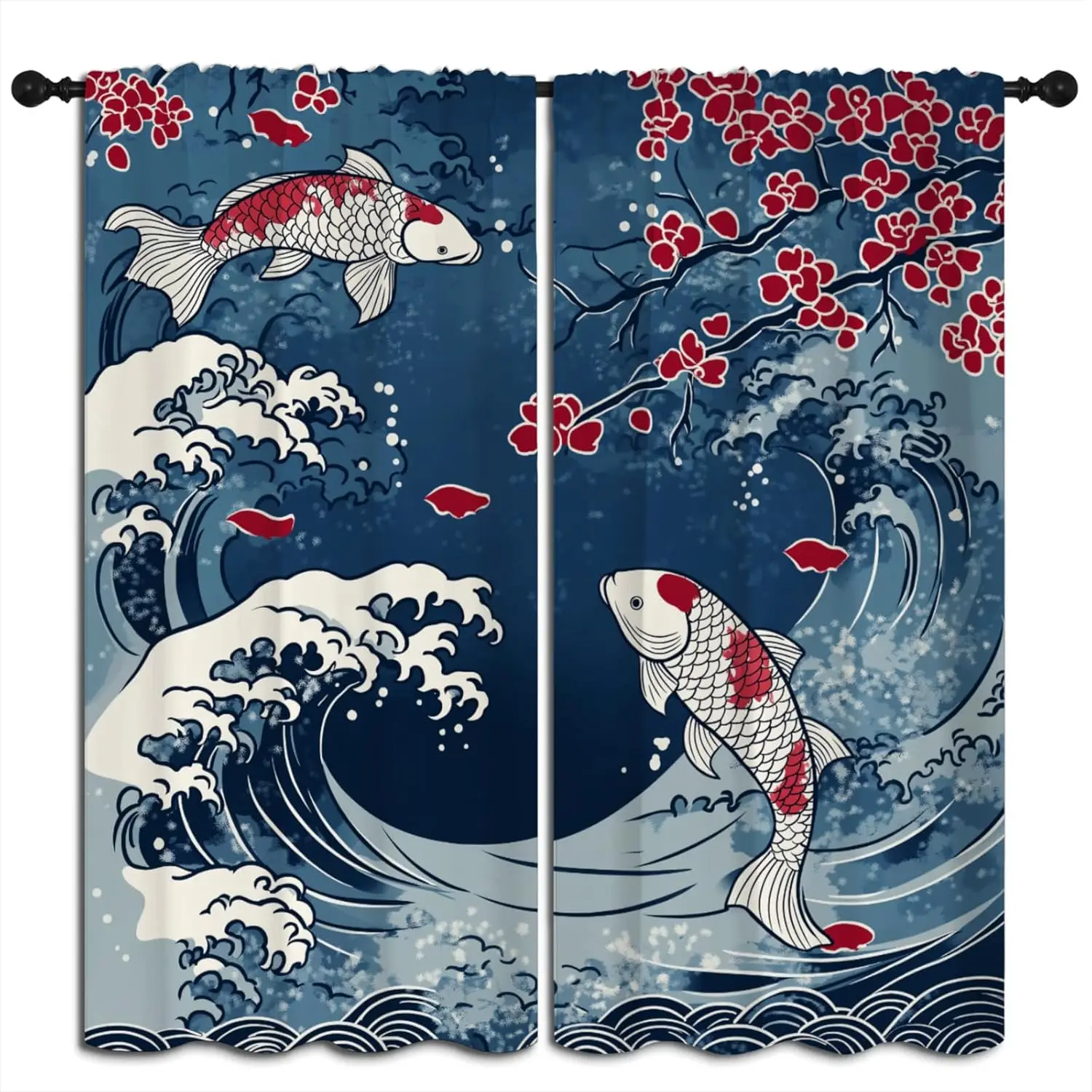 Koi Fish Blackout Curtains for Boys Girl Bedroom Home Decor, Japanese Wave Cherry Blossom Navy Blue Background Thermal Insulated