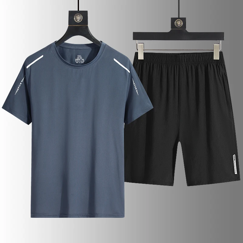 Ice Silk T-shirt Short Sleeve Capris Shorts Set Summer Thin Round Neck Quick Drying Sports Casual Two Piece Set Running Volume
