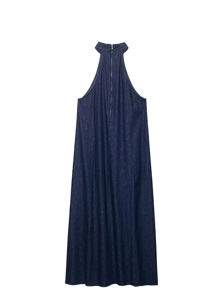 เดรสยีนส์ยาวทรงพลีทแบบคล้องคอ ดีไซน์หรูหราสำหรับผู้หญิง  ซิปหน้า แฟชั่นฤดูร้อน แขนกุด สีพื้น ทันสมัย