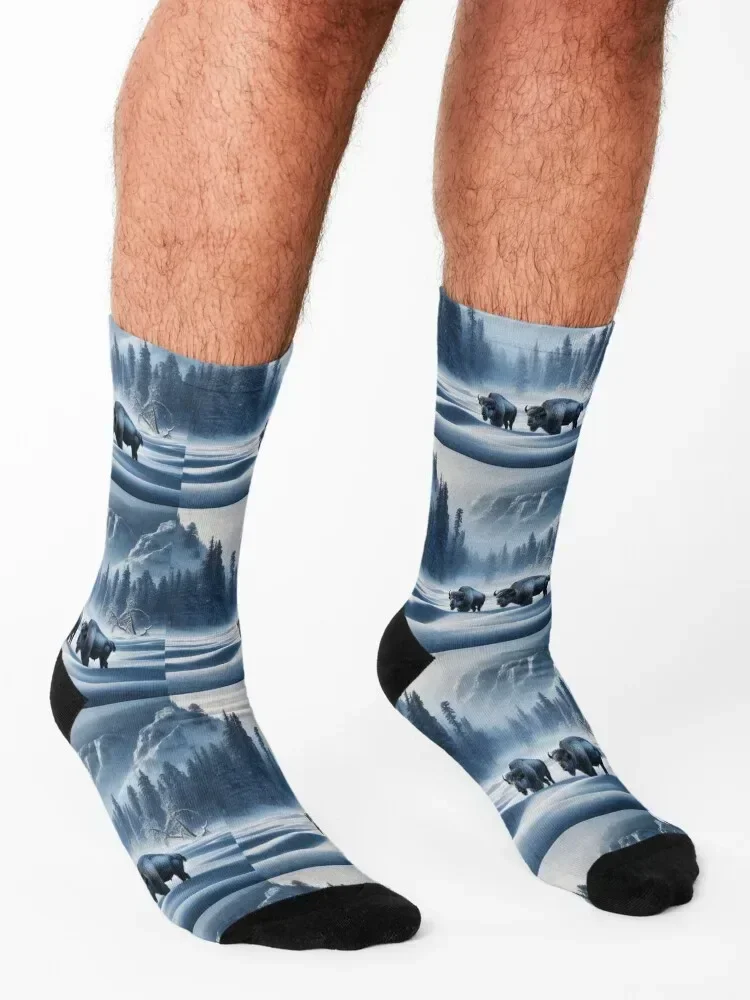 Bison Braving the Snow in a Misty Winter Landscape Socks FASHION golf hiphop Socks Men's Women's