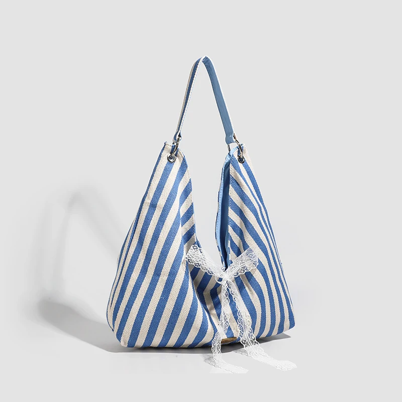 Summer Fashion Double-Side Women's Large Capacity Canvas Shoulder Bag Casual Large Double Stripe Simple Design Shopping Bag 2025