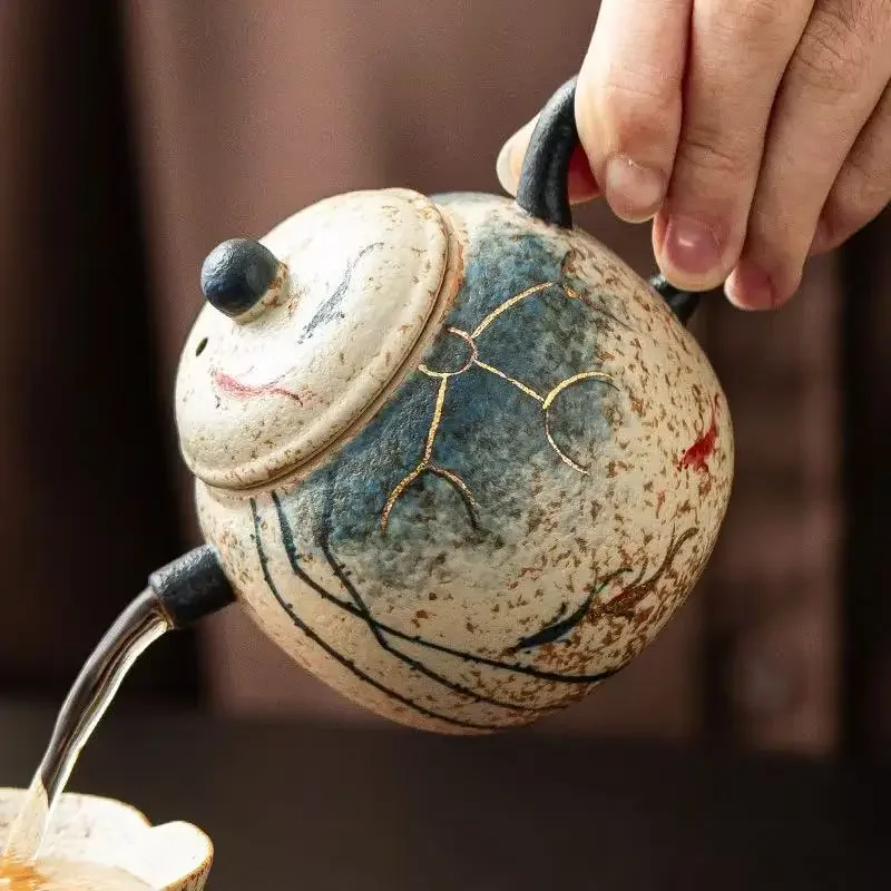 145ML Blue and White Flint Red Filter Teapot Set Gold-painted Lotus Rhyme Koi Small Ball Pot Pot Bearing Bubble Teapot Ornaments