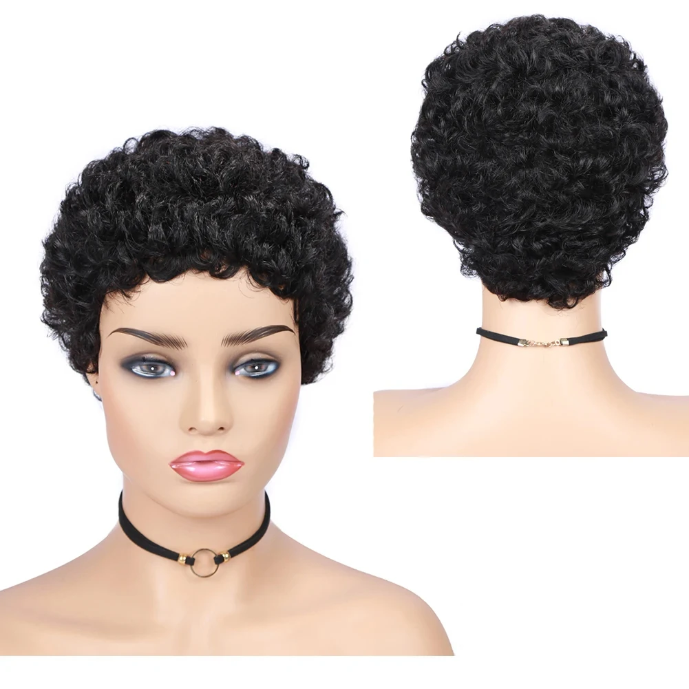 Short Afro Kinky Curly Hair Wigs For Black Women Human Hair African Fluffy Wig Brazilian Pixie Cut Hair Wigs Machine Made