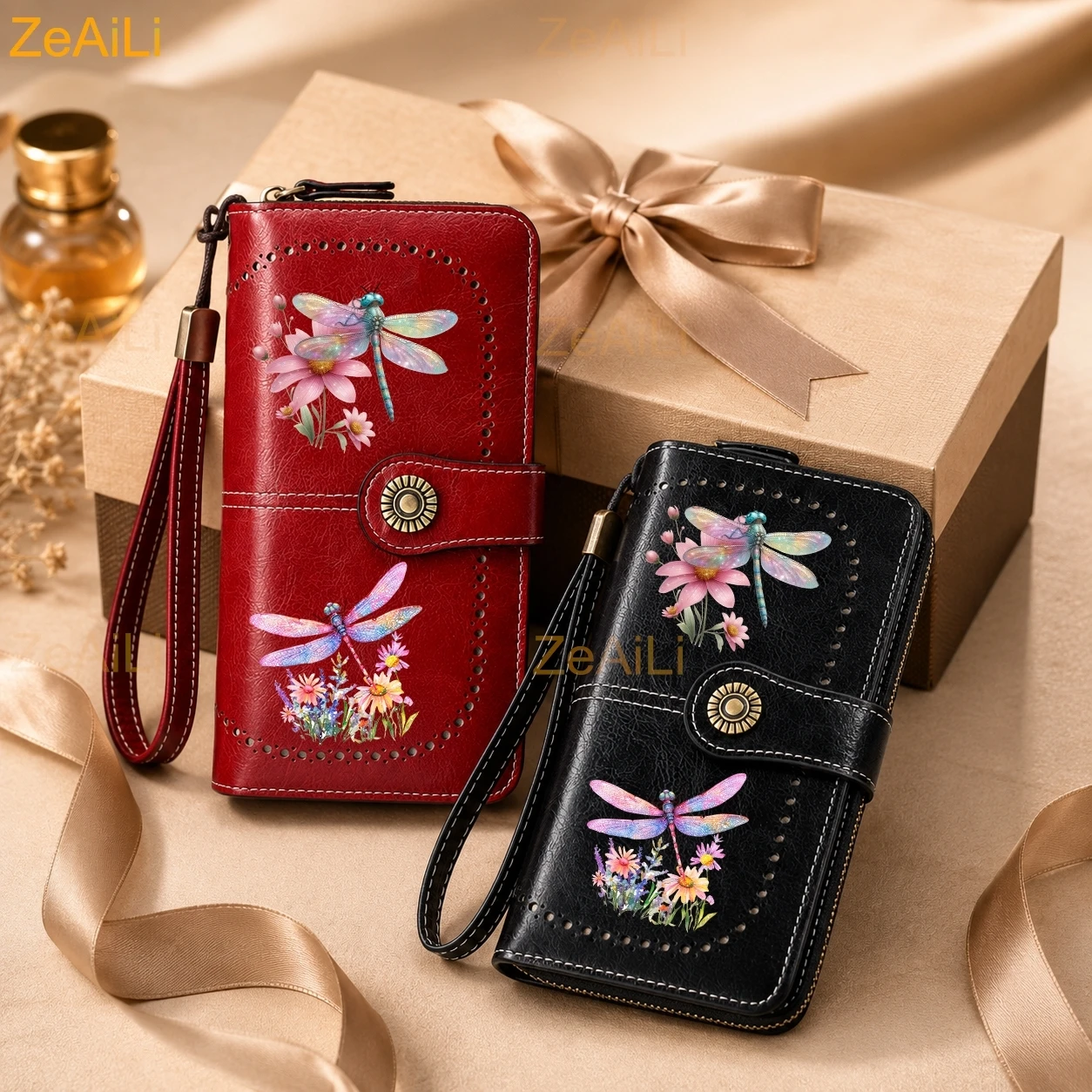Beautiful Dragonfly And Floral Pattern Wallet for Women RFID Large Capacity Long Wallet Multi-card Purse with Wrist Strap Gift