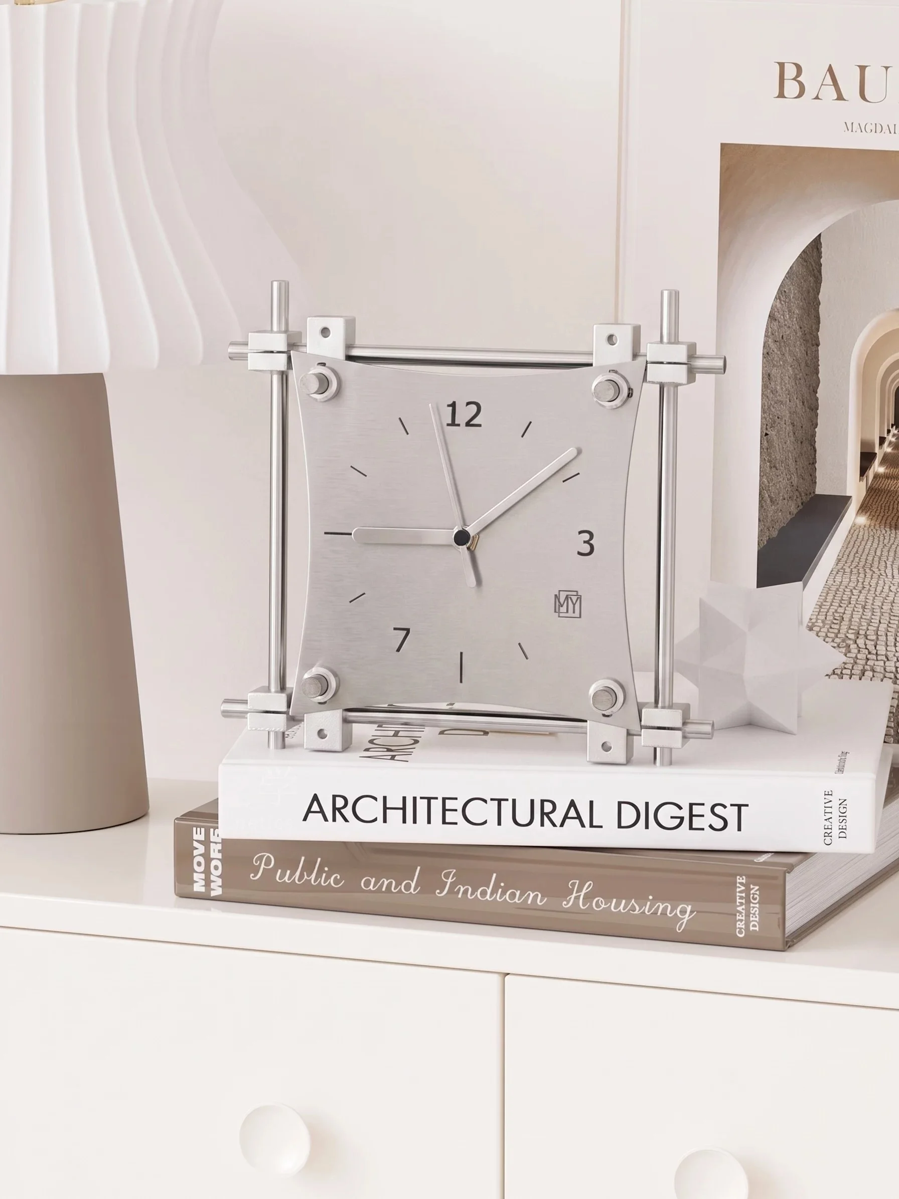 Bauhaus Optical Shaft Stainless Steel Clock, Creative Desktop Clock Light Luxury Table Ornament Bedroom Study Nightstand Decor