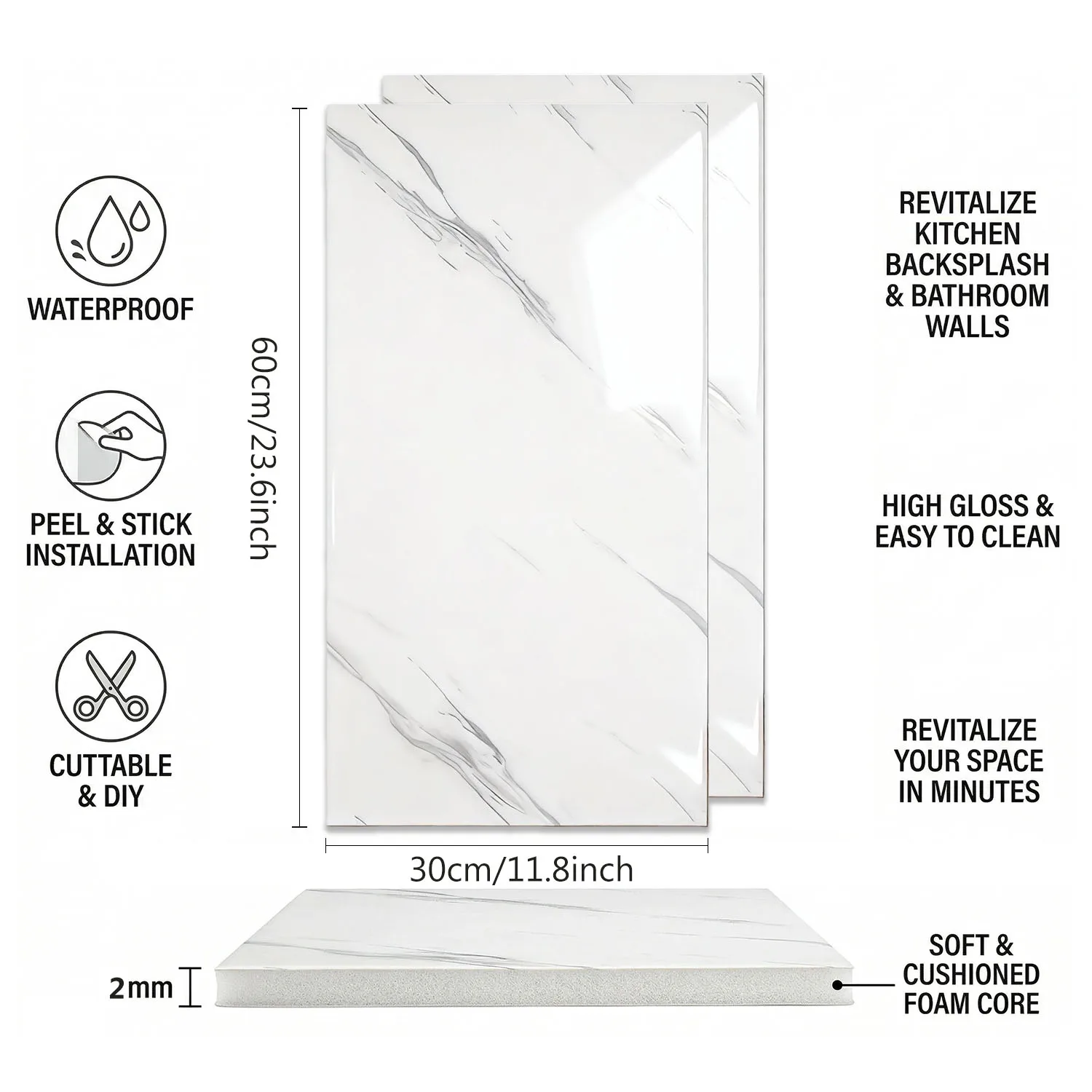 Upgraded Thick Marble Pattern Tile Stickers Waterproof Self Adhesive Wall Decal Bedroom Kitchen Bathroom Home Renovation Decor