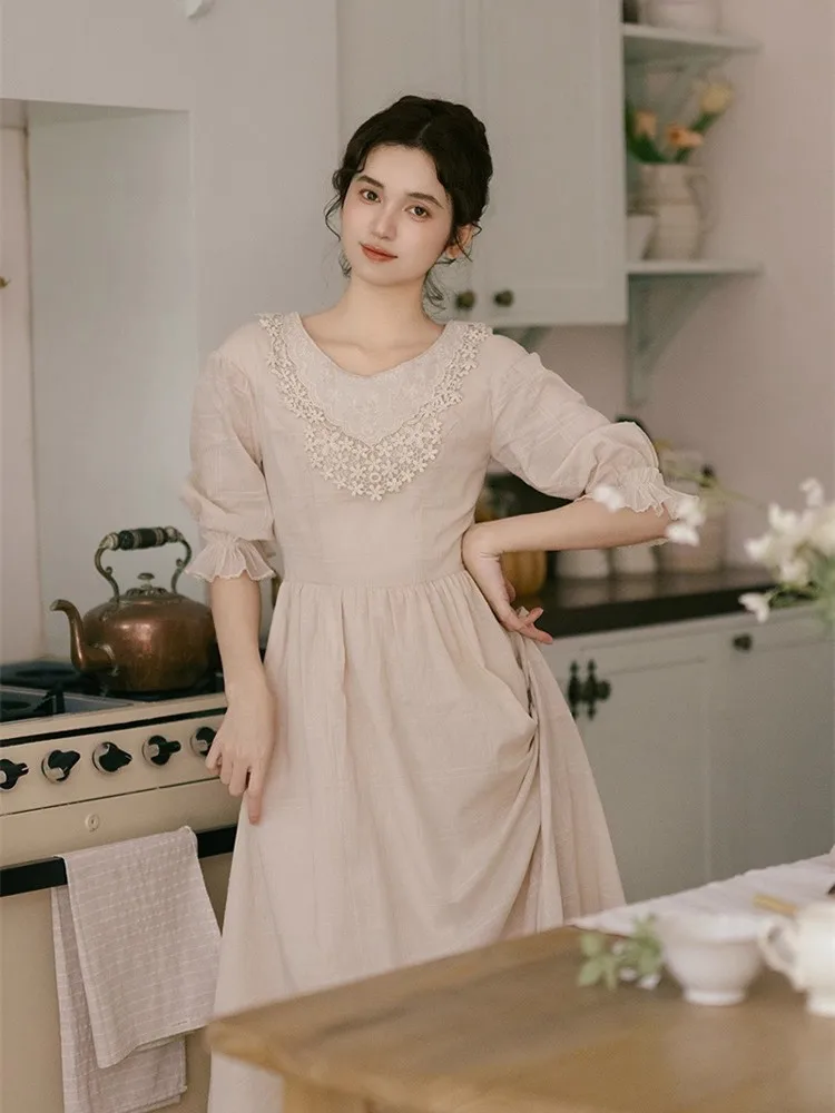 

84-96cm Bust Spring Summer Long Dresses For Women Vintage Elegant Slim Sexy Lace Embroidery V-Neck 100%Cotton Plaid Dresses