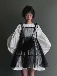 가을 랜턴 슬리브 셔츠 드레스 여성용 메쉬 스트랩 드레스 통근 스타일 이너웨어 일반 길이 다양한 경우에 적합
