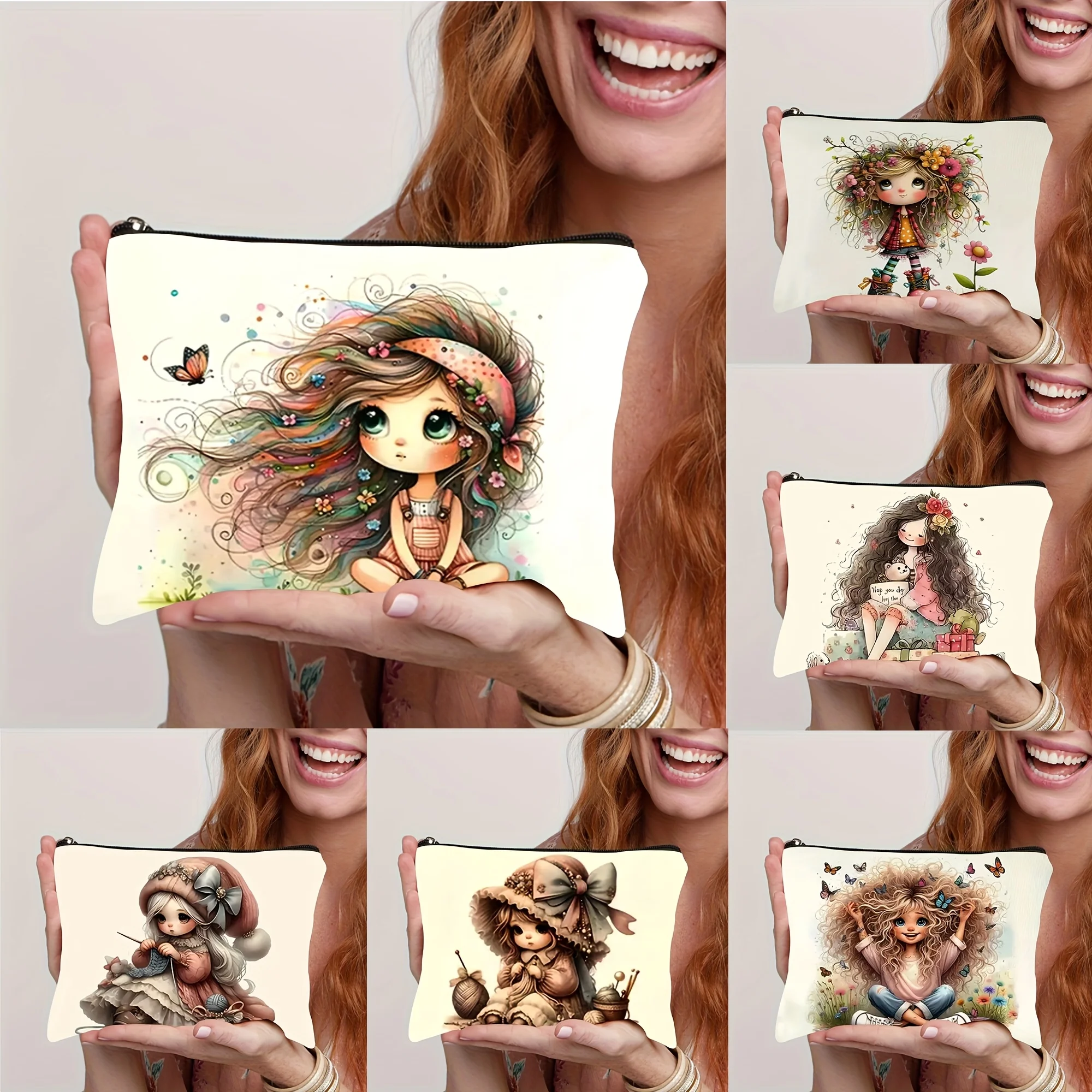 Chic Girl And Butterfly Makeup Bag Cute Needlework Girl Storage Pouch  Large Capacity Handheld Cosmetic Bag Christmas Gift