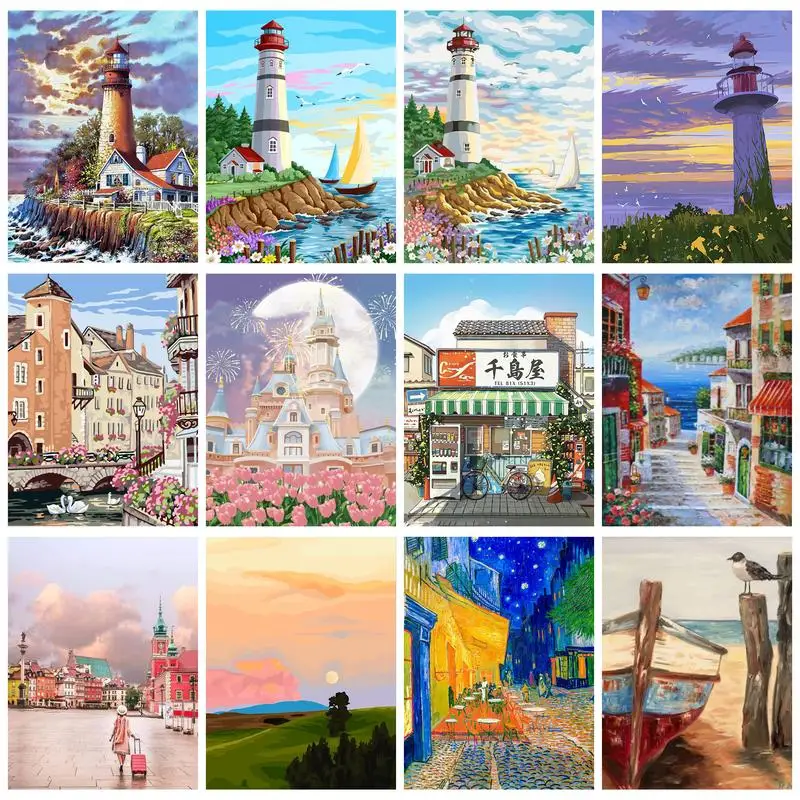 

CHENISTORY Painting By Numbers Frame Seascape Lighthouse Landscape For Adults Paint Kit Diy Gift Artwork Buildings Canvas Painti