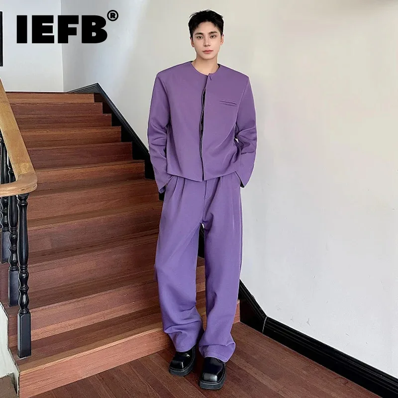 

IEFB Korean Style Men's Two-piece Round Collar Single Breasted Suit Straight Wide Leg Solid Color Pants Male Sets Autumn 9C7401