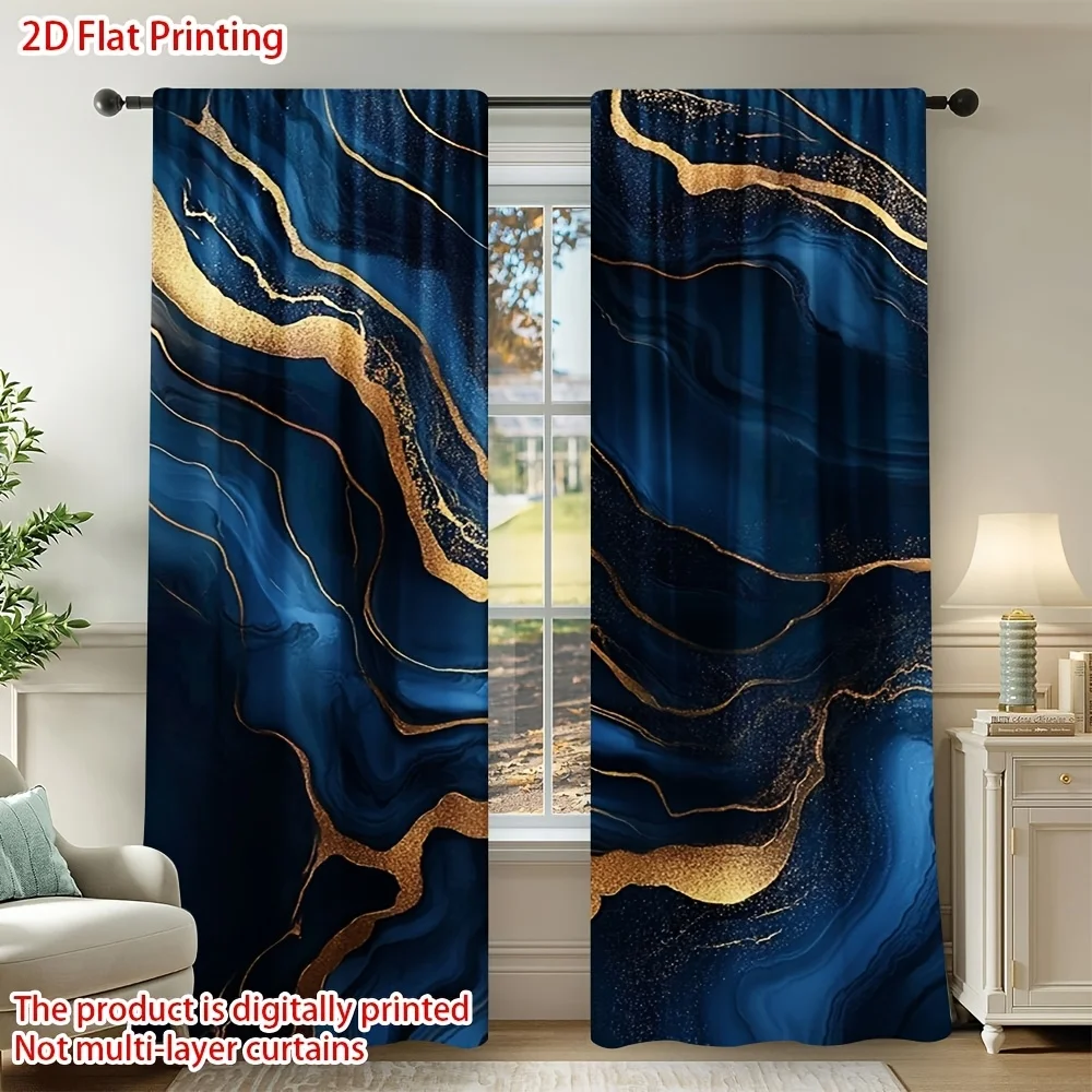 2pcs Deep Blue Gold Marble Vein Curtains Blackout Drapes for Living Room Modern Home Decor Luxury Abstract Stone Print Window