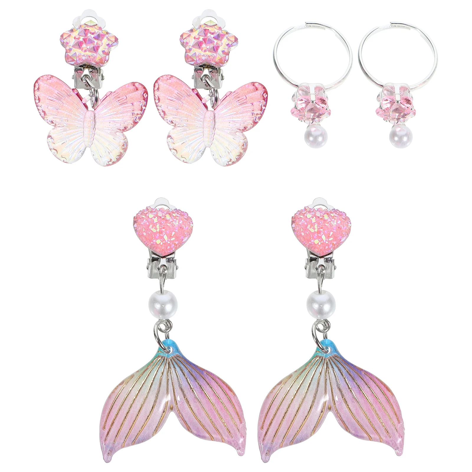 

3 Pairs Cartoon Mermaid Ear Clips for Kids Pink Alloy Earrings Set Girls Clip On Ear Decor Accessories Safe