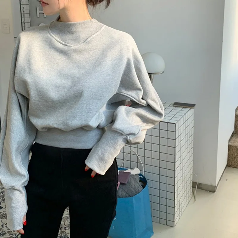 

Fashion Waist Cinched Cropped Sweatshirts Women Autumn Harajuku Casual Loose Pullover Korean Lady Gray Crewneck Hoodies Tops Y2k