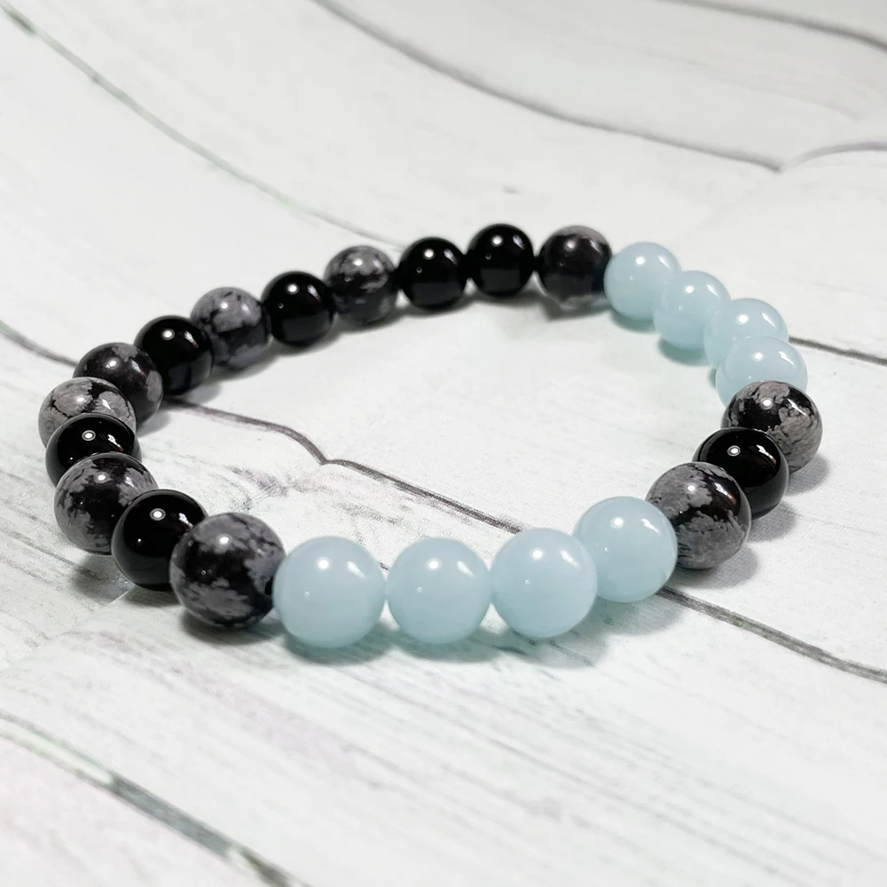 Ruberthen 8 MM Black Tourmaline Snowflake Obsidian Bracelet Mens Natural Aquamarine Handmade Wrist Mala