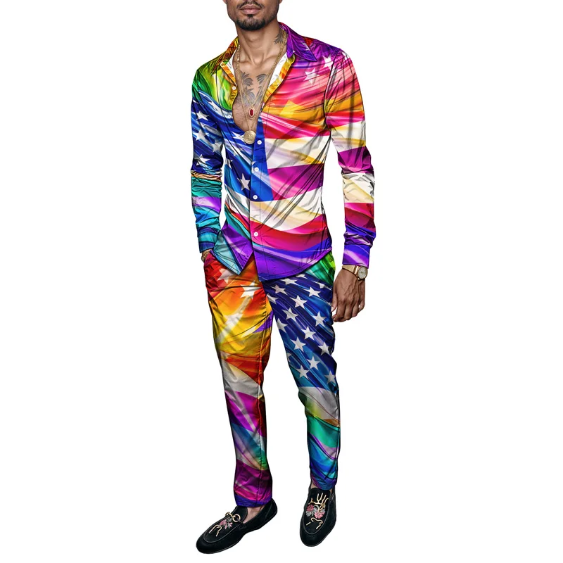 Spring Autumn Colorful Star 3D Print Men Harajuku Clothing Suits Tracksuit Long Sleeve Shirt Long Pants Two Piece Sets Clothing