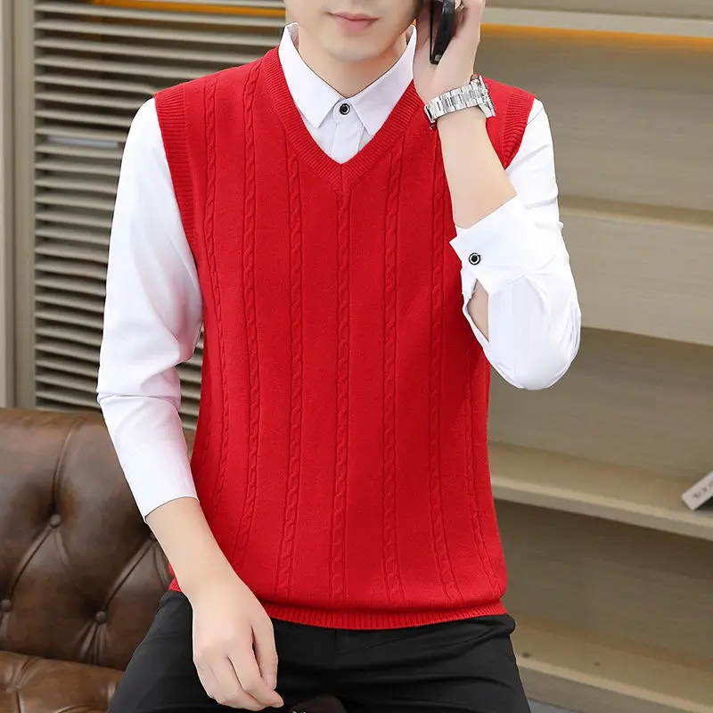 Chaleco de punto sin mangas con cuello en V para hombre, jersey ajustado de estilo coreano, versátil para jóvenes, otoño e invierno