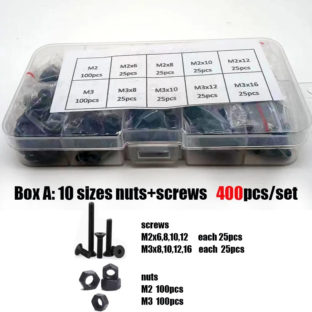 400/1140Pcs M1.6M2 M2.5 M3 M4 M5 10.9 Grade Black Steel Hex Socket Countersunk Head Screw Set Bolt and Nut Washer Assortment Kit