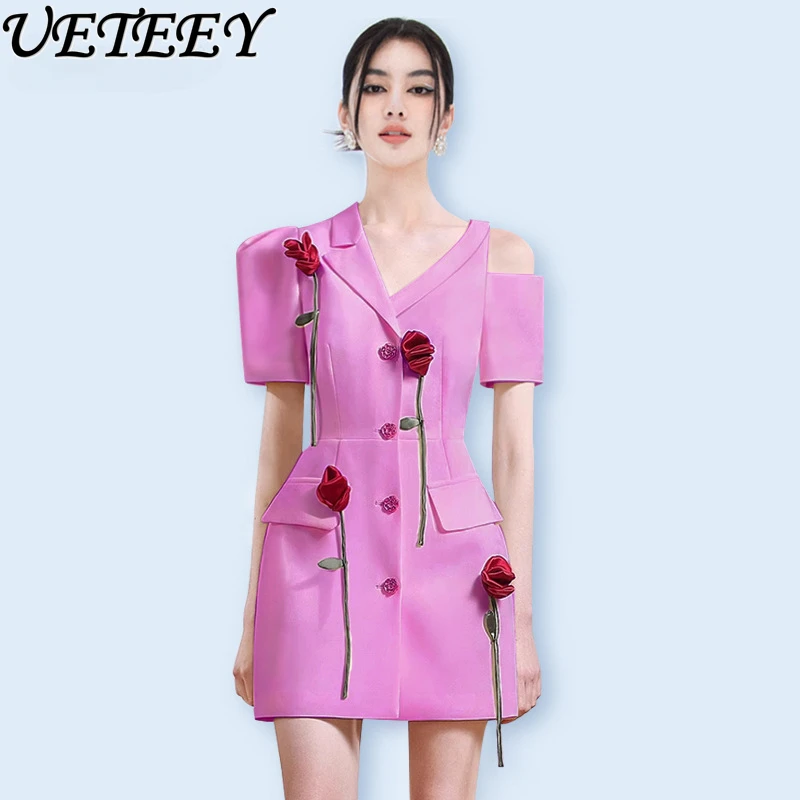 

3D Flowers Contrasting-Color Suit Dress Niche Design Fashion Personality Asymmetric Cold-Shoulder Elegant Commuting Dresses