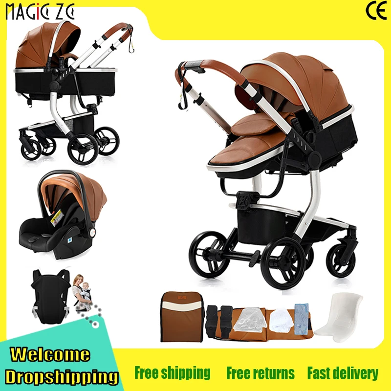 Poussette bébé en cuir PU 3 en 1, chariot de voyage pour nouveau-nés, poussette compacte de luxe pliable avec siège auto, poussette étanche