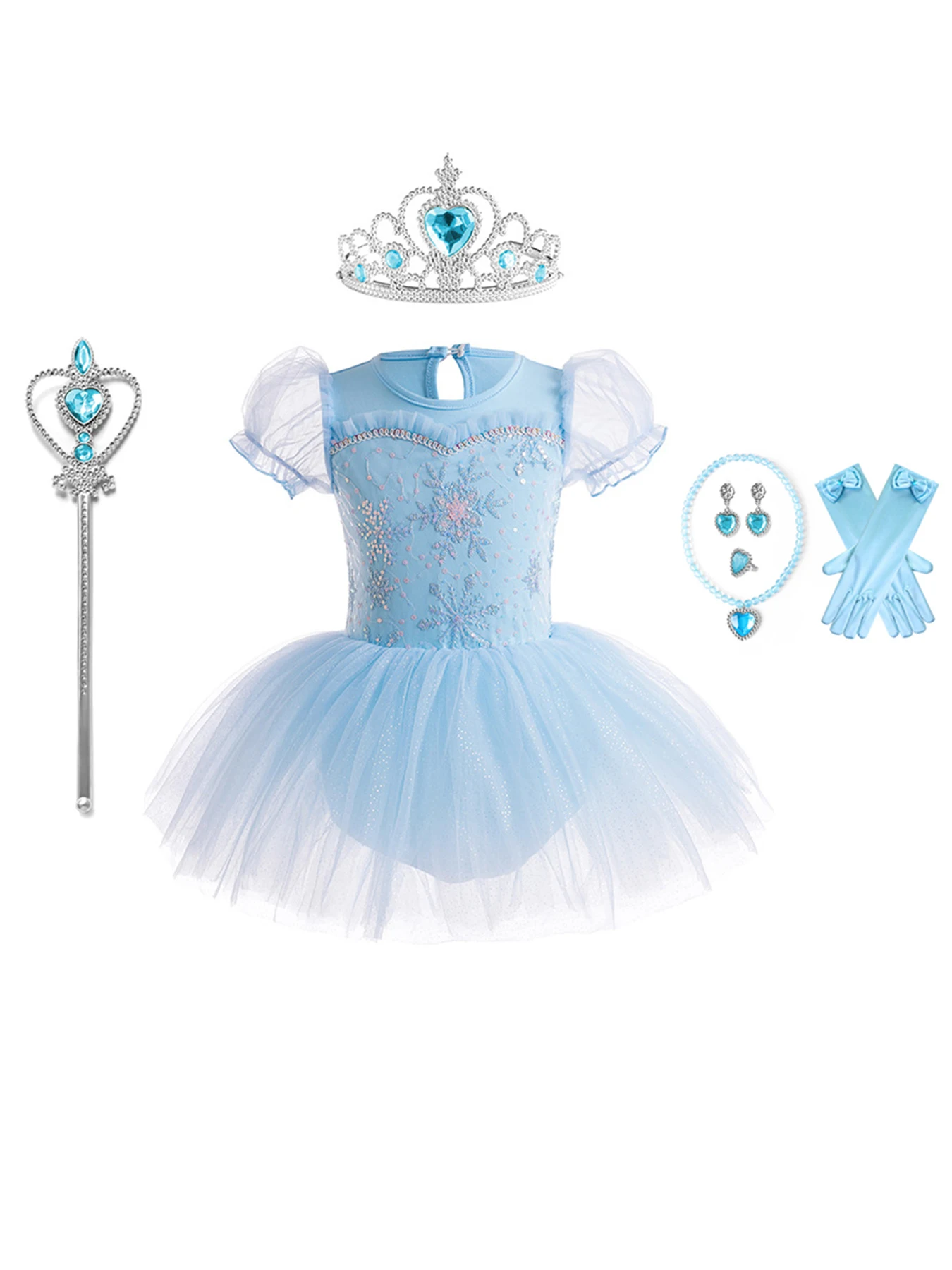 

Girls Glitter Snowflake Floral Embroidered Tutu Dress With Accessories Kids Princess Halloween Christmas Birthday Party
