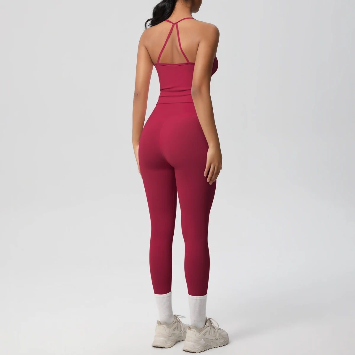 Hochelastisches, sexy, rückenfreies Yoga-Oberteil und -Hose, stoßdämpfendes Lauf-Yoga-Tanktop, einfarbige, schnell trocknende Yoga-Leggings – Detail 29