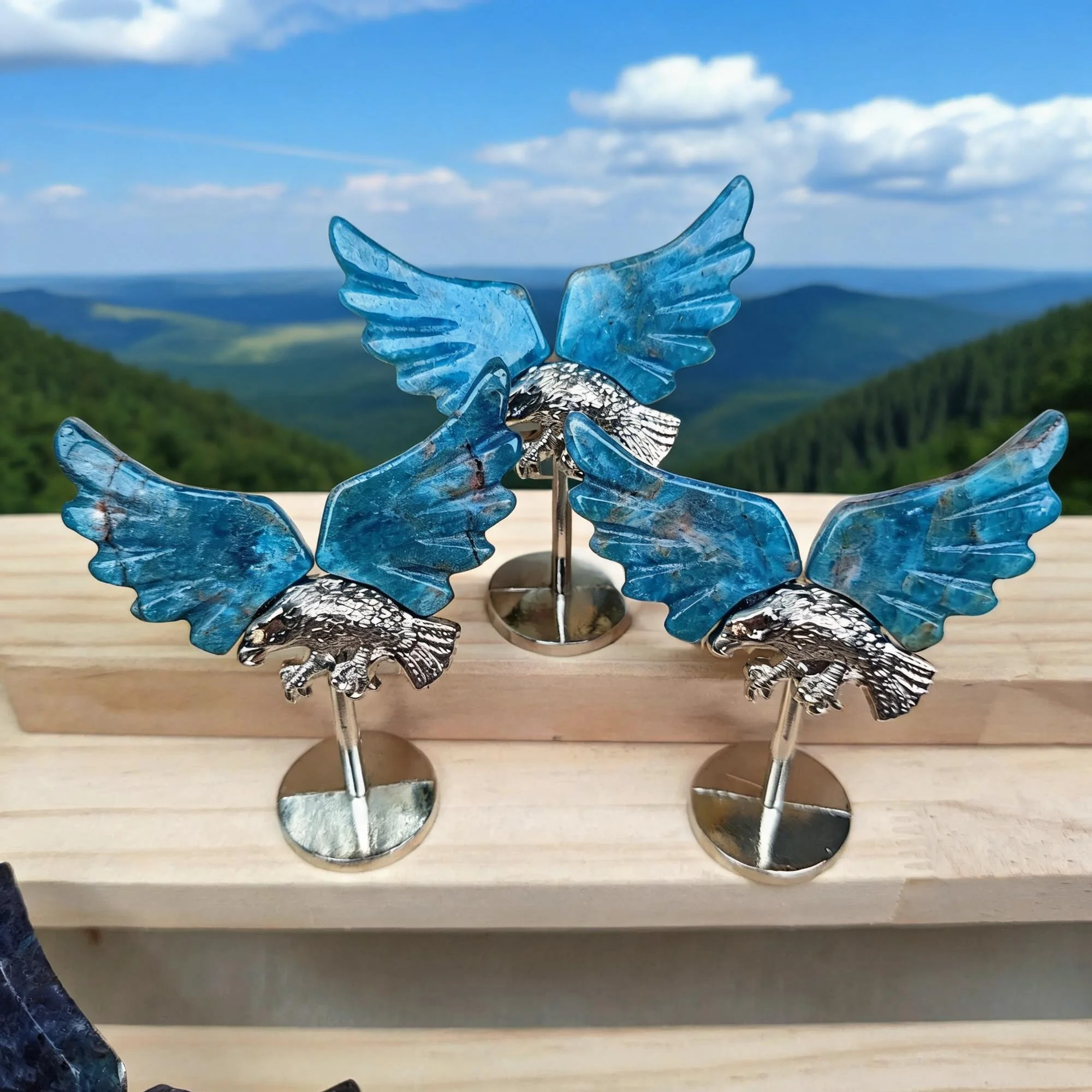 Natural Crystal Eagle Wing Ornament with Stand, Tiger Eye, Apatite, Lapis Lazuli, Prehnite,Lolite