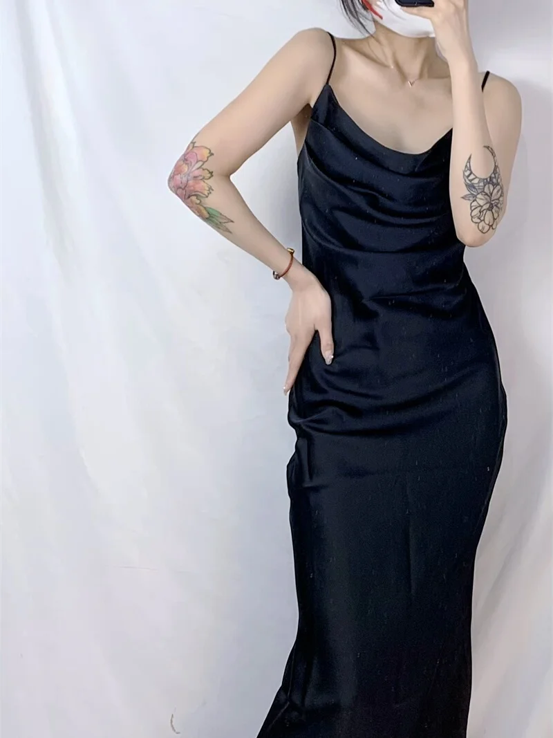 Ele Cetim Strapl Dr Sexy Bal Cintura Cinched Vestido Longo Europeu Sle No Sve Swing Collar Peça Única Outono...