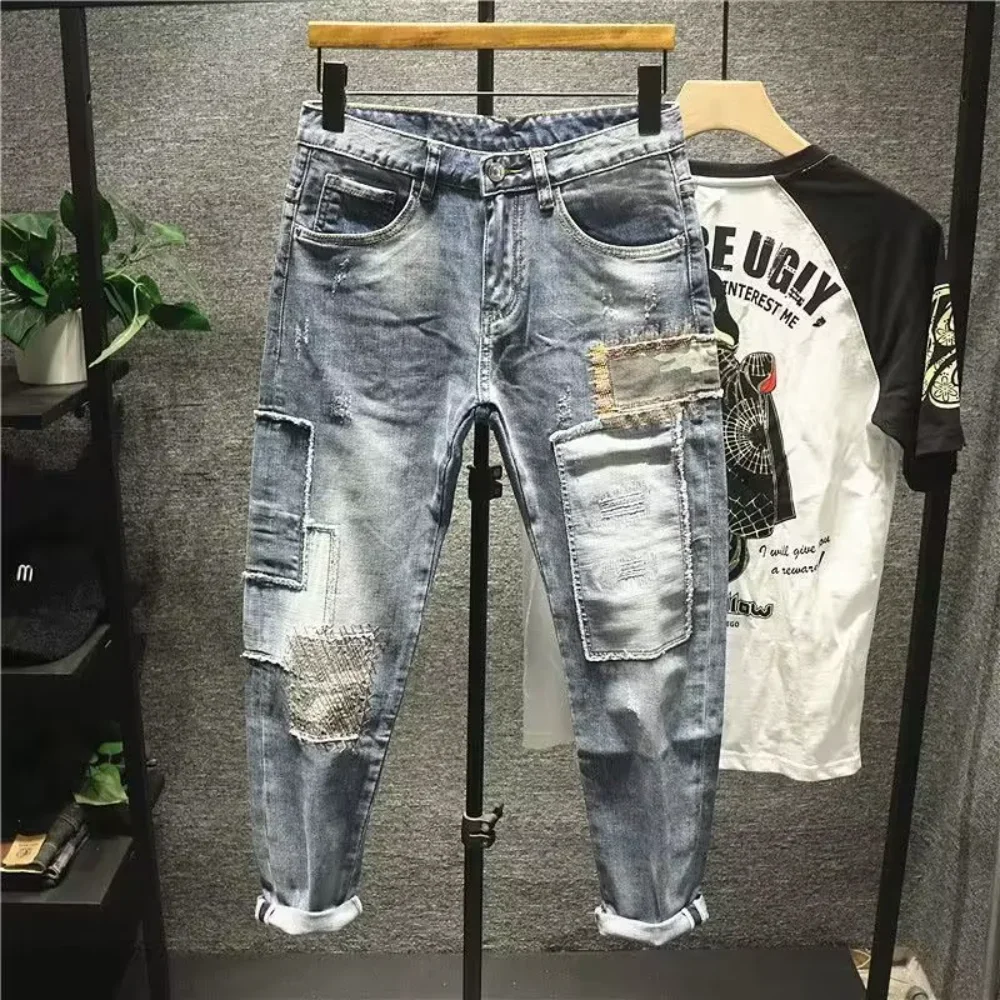 

Streetwear Fashion Men Jeans Retro Blue Stretch Slim Fit Spliced Ripped Jeans Men Patched Pocket Hip Hop Pants Y2k Trousers