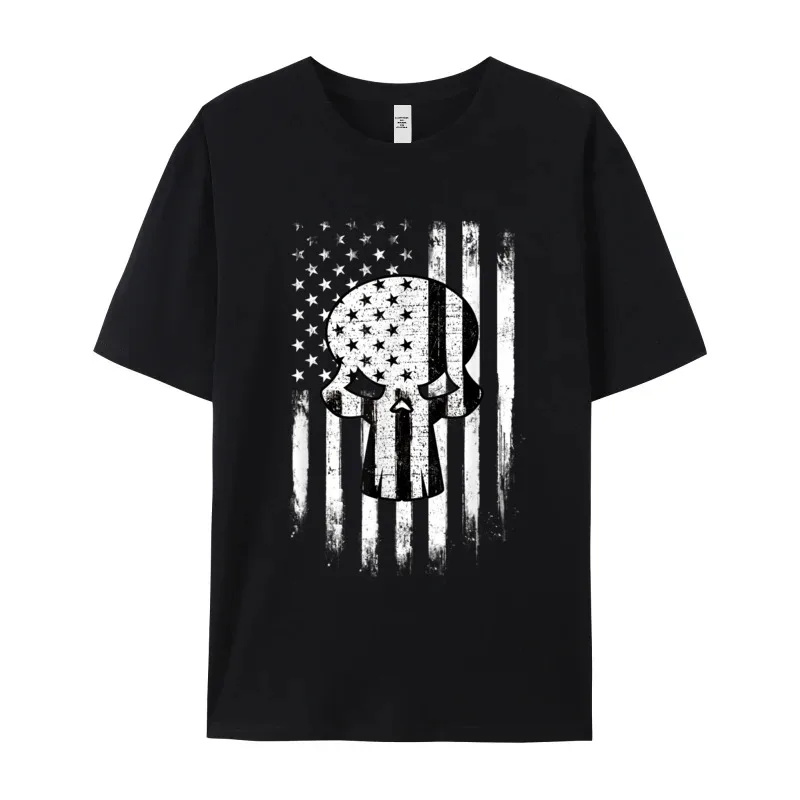 Funny American Flag Skull Shirt women's Cute Tops & Tees Crew Neck Father Day 100% Cotton T-shirts Casual T Shirt