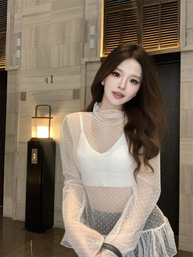 

Сексуальная женская блузка с высоким воротником, длинными рукавами, в горошек, с кружевом, прозрачная, однослойная, с цветочным принтом, с запахом, весна-осень