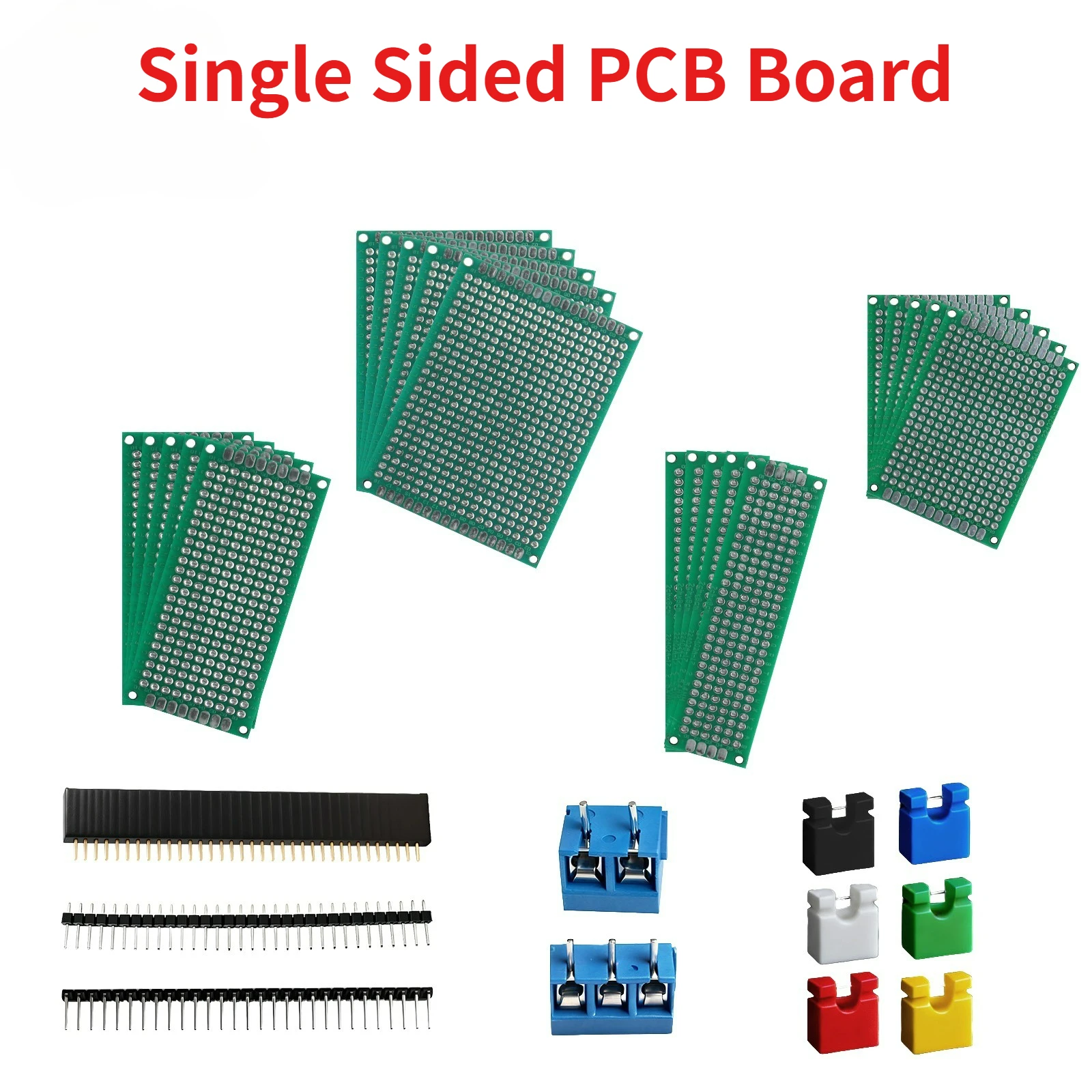 

PCB Prototype Board Kit Single Sided Green 2x8/3x7/4x6/5x7cm with 1x40Pin 2.54mm Male/Female Header + Jumper Cap for Arduino DIY