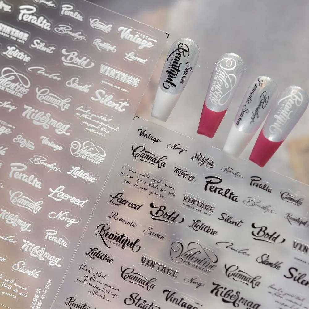 Vintage English Letter Nail Art Stickers Artistic Font Black White Nail Decoration DIY 3D Embossed Manicure Decals Manicure Tool