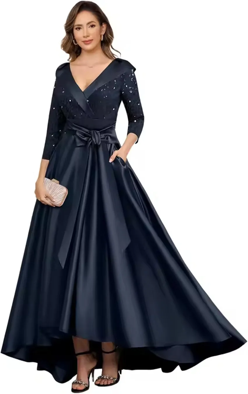 Customized Sparkly Sequin Mother of Bride Dresses V Neck High-Low  3/4 Sleeve Satin A Line Formal Evening Party Dress