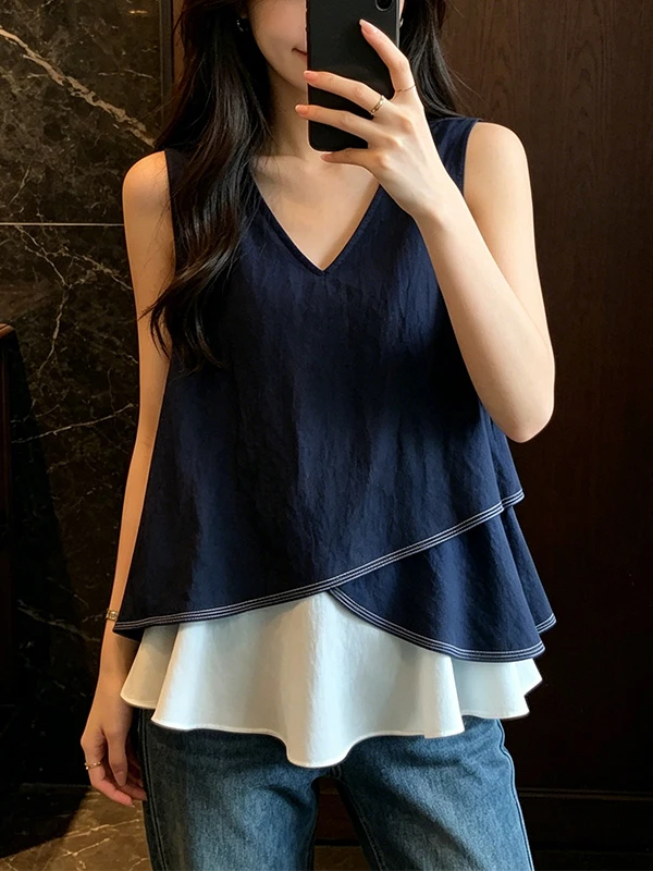 

plus Size Women's Summer V-Neck Vest T-Shirt with Ruffle Hemline Korean Style Loose Fit Skin-Friendly Breathable Top
