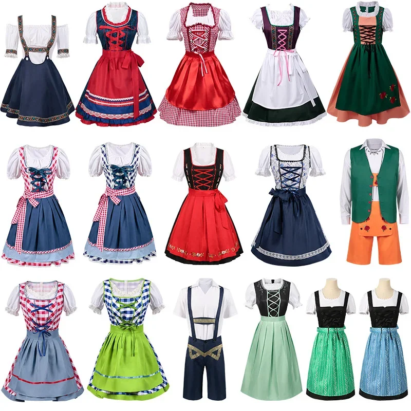 

New Lady Dirndl Oktoberfest Cosplay Costume Bavarian National Pink Plaid Clubwear Dress Beer Festival Halloween Carnival Party