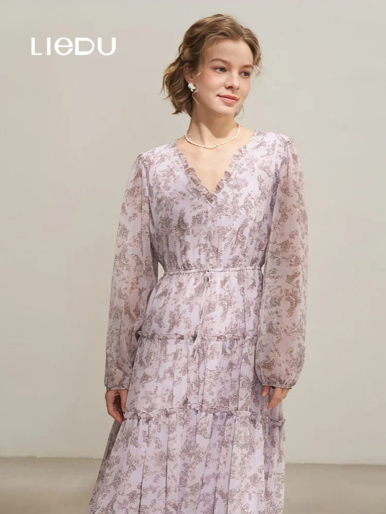LIEDU French Elegant Women V Neck Ruffle Long Sleeve Floral Print Drawstring Waist Chiffon Maxi Dress Office Daily Chic Outfit
