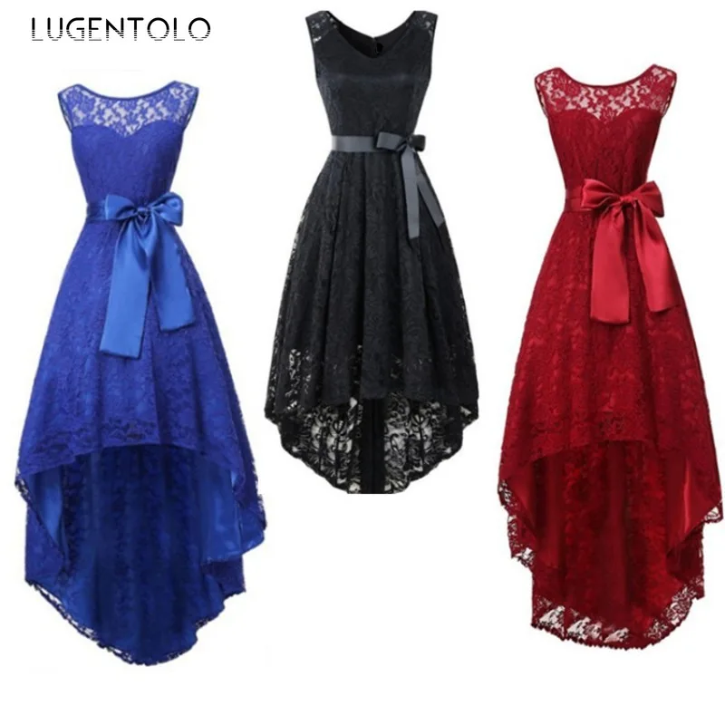 

Lugentolo Women Lace Sexy Dress Fashion Summer Slim Bow Sleeveless O-neck Lady Elegant Hollow Big Swing High Waist Long Cloth