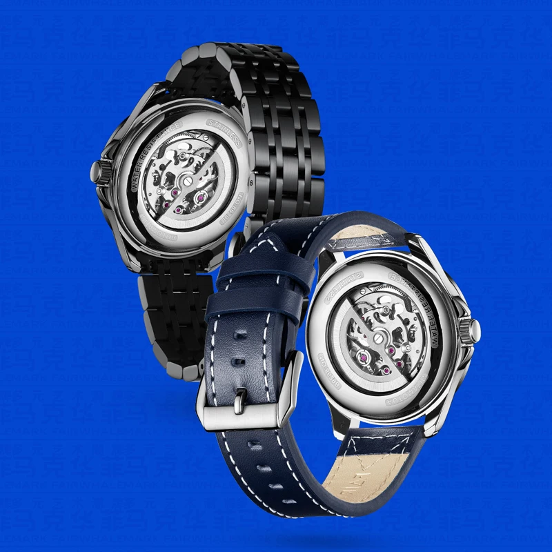 ساعة مارك فيرويل ميكانيكية هيكل عظمي للرجال بحزام جلدي أنيق مقاوم للماء توربيون أوتوماتيكي مضيء