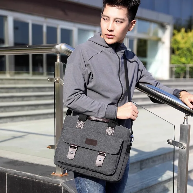 Men'S Canvas Briefcase Designer Lawyer Document Work Business Large Capacity Satchel Tote Handbag Shoulder 14 Inch Laptop Bag