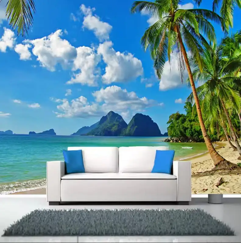 Custom Size Photo Wallpaper Seascape Beach Palm Wall Covering Mural Living Room Bedroom Background Wallpaper De Parede