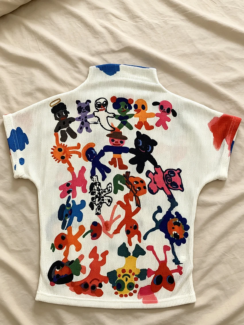 Harajuku Style Women Waffle Knit Short Sleeve Top Fashion Mock Neck Colorful Hand-Drawn Cartoon Print Slim Y2K Streetwear Blouse